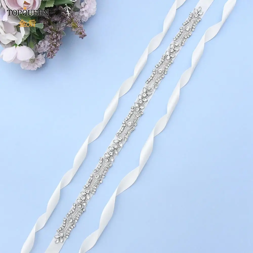 

TOPQUEEN S430 Bride Belts with Rhinestones Satin Sash Black Wedding Belts for Bride Evening Party Dresses Beaded Sash Belt Pink