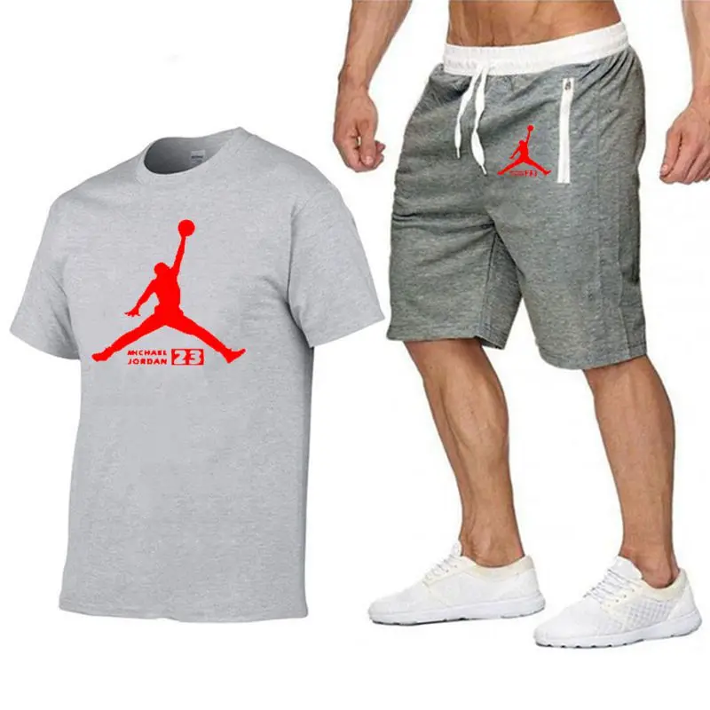 JORDAN 23 спортивный костюм с принтом футболка+ шорты модные тенденции в Фитнес хлопок брендовые футболки для мужчин бодибилдинг одежда M-XXL - Цвет: gray
