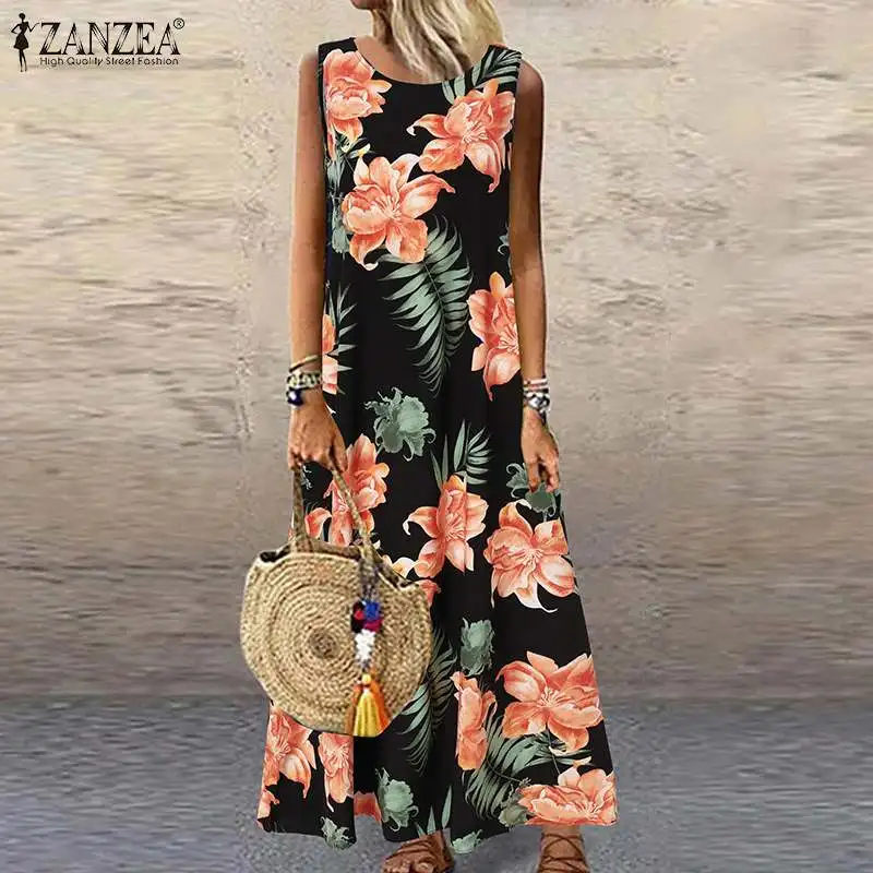 Womens Summer Bohemia Floral Print Sundress Kaftan Holiday Beach Long Maxi Dress