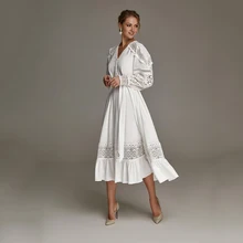 

Retro Bohemian Short Wedding Dresses V Neck Button Tea Length Lace And Chiffon Sashes Long Sleeve A Line Plain Bridal Gowns