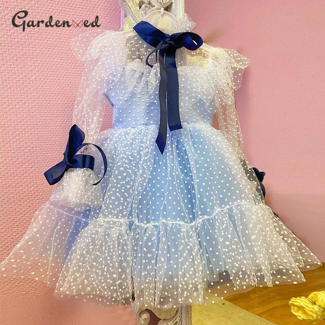 Polka-dot Tulle Flower Girl Dresses Illusion Long Sleeves Girl Wedding Party Dress Ribbons Communion Dress Birthday New Year Sky Blue Tea Length