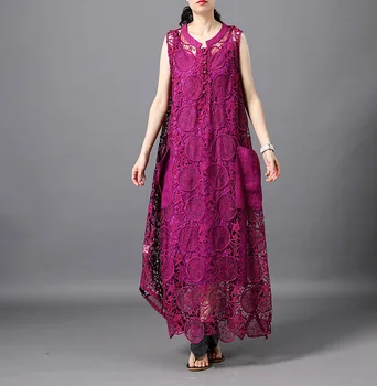 

Summer New Original Women's Long Maxi Dress Set Organza Hollow Flower Dress + Tencel Cotton Sling Two Piece Dresses Set