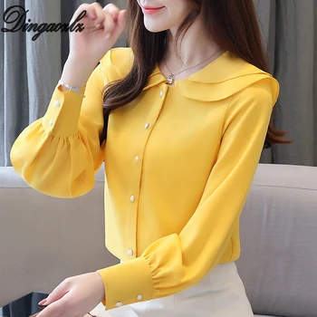 

Dingaozlz 2020 Spring New Chiffon Tops long-sleeved Women blouse Korean Fashion double-layer lotus leaf shirt