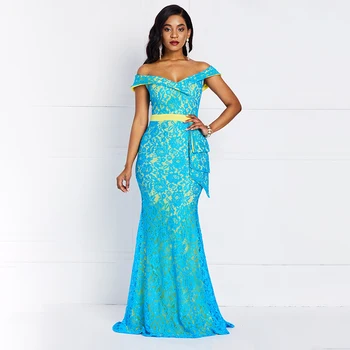 

Dressv Maxi Dresses Elegant Blue Plus Size Mermaid High Waist Off Shoulder Ruffles Fashion Retro Lace Party Long Evening Dress