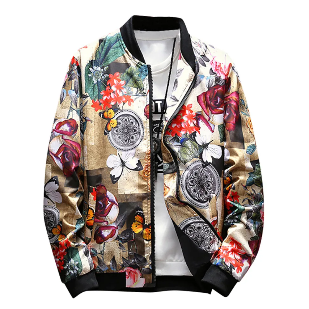 Men's Fashion Casual Jacket Baseball Uniform Winter Stand Collar Retro Printed Zipper Jacket Outwear Overcoat Куртка Мужская 2