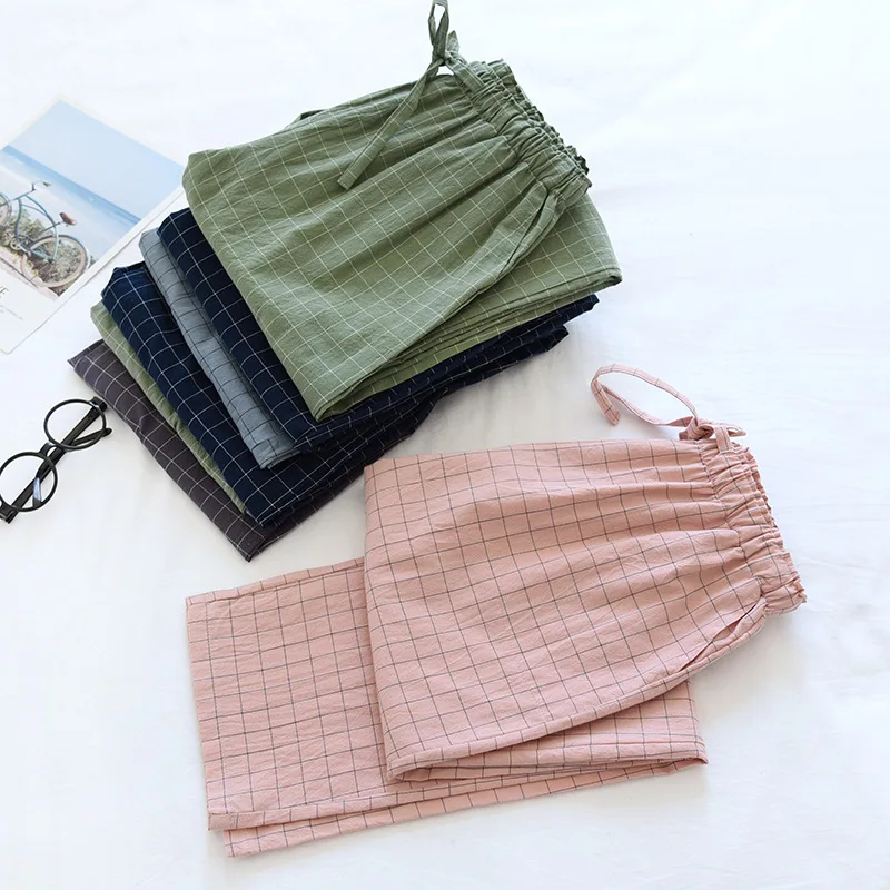 couple Washed Cotton Trousers Thin Men And Women Home Pants Elastic Waist Sleep Bottoms Plaid Lounge Pants Home Sleepwear 2021_ecoleips.com