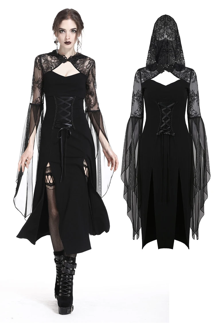 

Darkinlove Women's Long Gothic Dress Fashion Hollow Out Sexy Lace Evening Party Dress Halloween Witch Hooded Long Dress