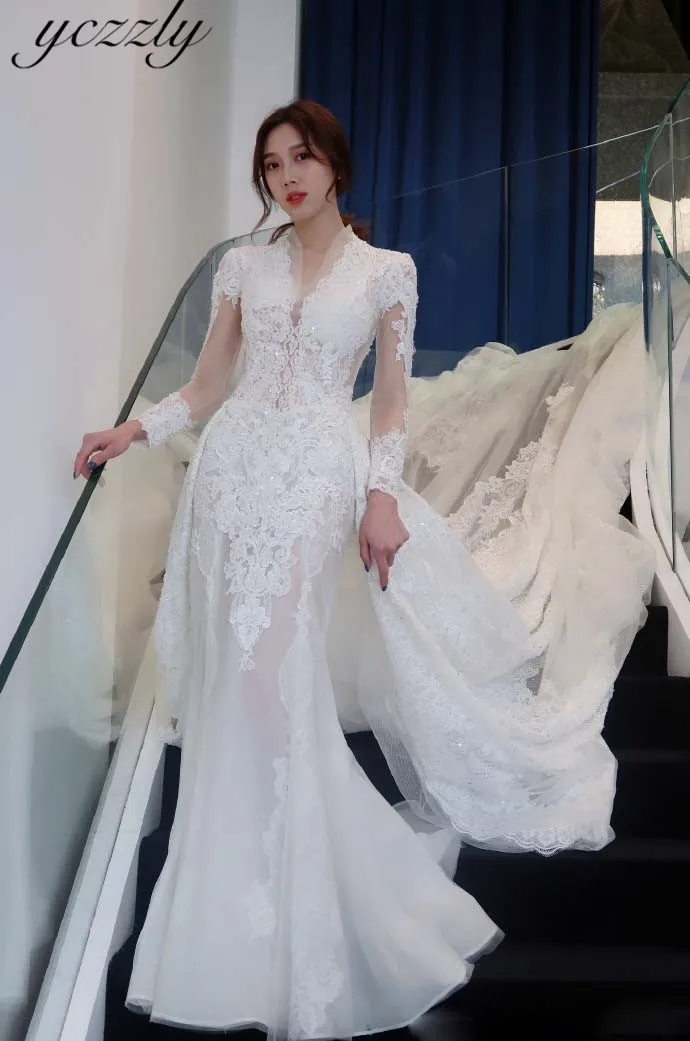 Robe De Mariee старинные c высоким горлом с длинными рукавами кружева с аппликацией и юбкой-годе свадебное платье со съемной юбкой жемчуг невесты платье
