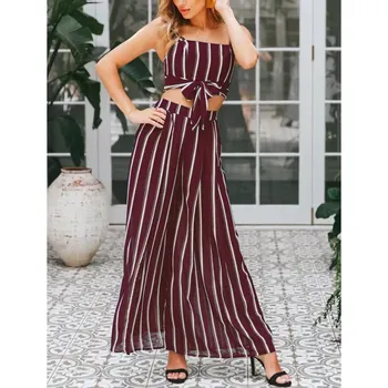 

Comfortable Ladies Two-Piece Summer Chiffon Striped Print Sleeveless Casual Sling Top + Loose Wide Leg Pants Personality Wild