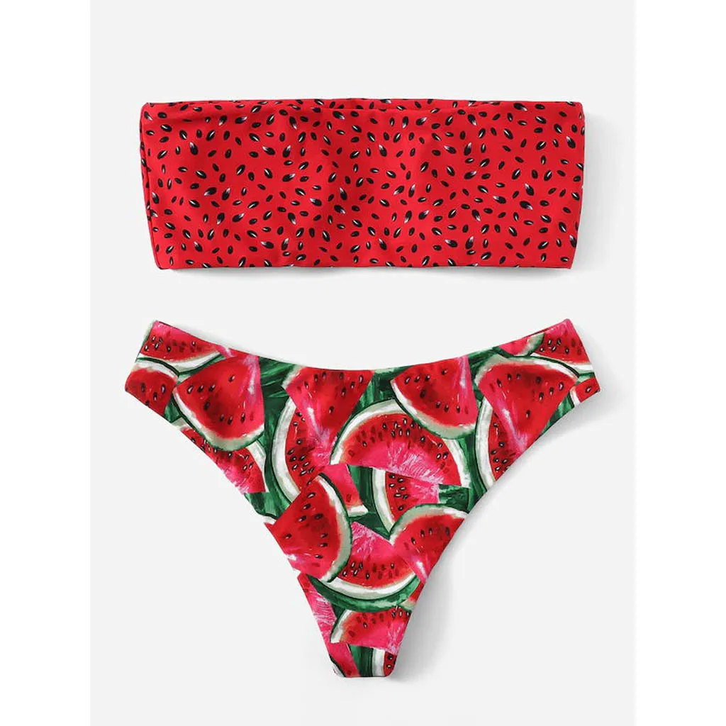 #H30 Fruit Print Women Swimsuit Tube Neck Push Up Bikini Set Two Pieces Bikinis 2020 Mujer Swimwear Beachwear Trajes De Bano|Bikini Set| - AliExpress