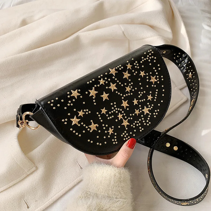 

New Arrival INS Super Fire Rivet Bag Women's 2020 New Style Korean-style Versatile Shoulder Fashion Casual Saddle Bag
