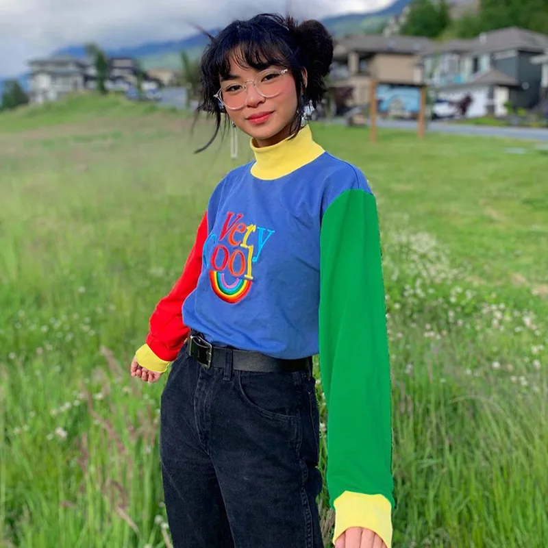 Y2K E-girl Letter Embroidery Aesthetic Sweatshirts for Women Rainbow Oversized Turtleneck Patchwrok Tops Tees Streetwear Korean