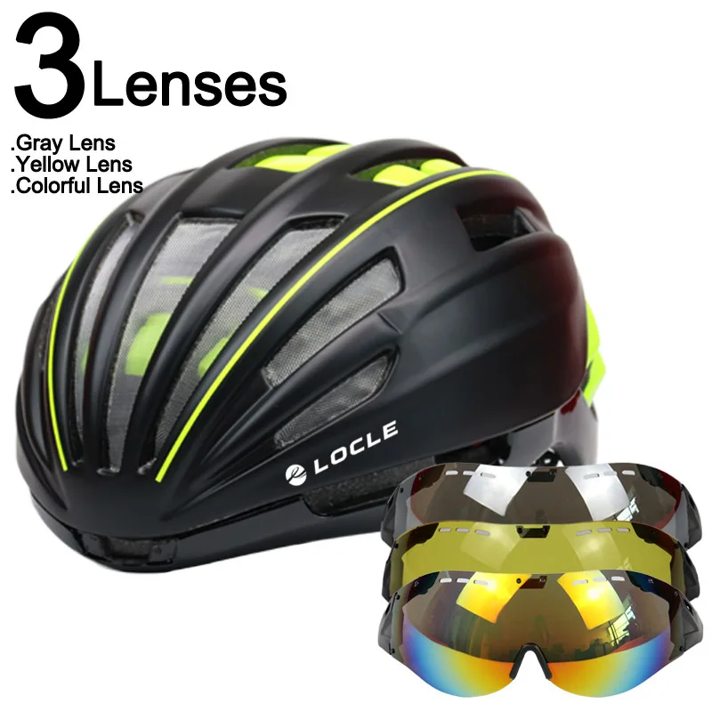 LOCLE двухслойный дорожный горный велосипедный шлем MTB с очками велосипедный шлем 280 г Casco Ciclismo велосипедный шлем - Цвет: Black Green 3 Lenses