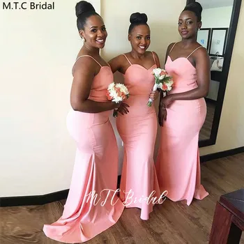 

Wholesale Long Pink African Bridesmaid Dresses Sweetheart Spaghetti Strap Floor Length Sexy Wedding Party Dress For Women 2020