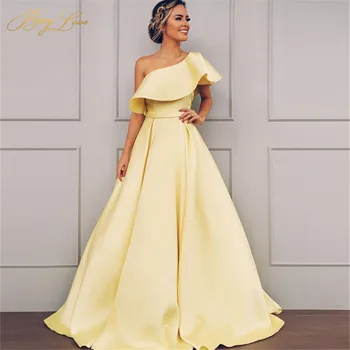 

Elegant One Shoulder Evening Dresses Long A Line Ruffles Satin Prom Dresses Woman Party Night Ruched Zipper Back Robe de soiree