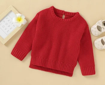 

Kids Knitwear, Solid Color Round Neck Long Sleeve Knitted Sweater for Girls, Red