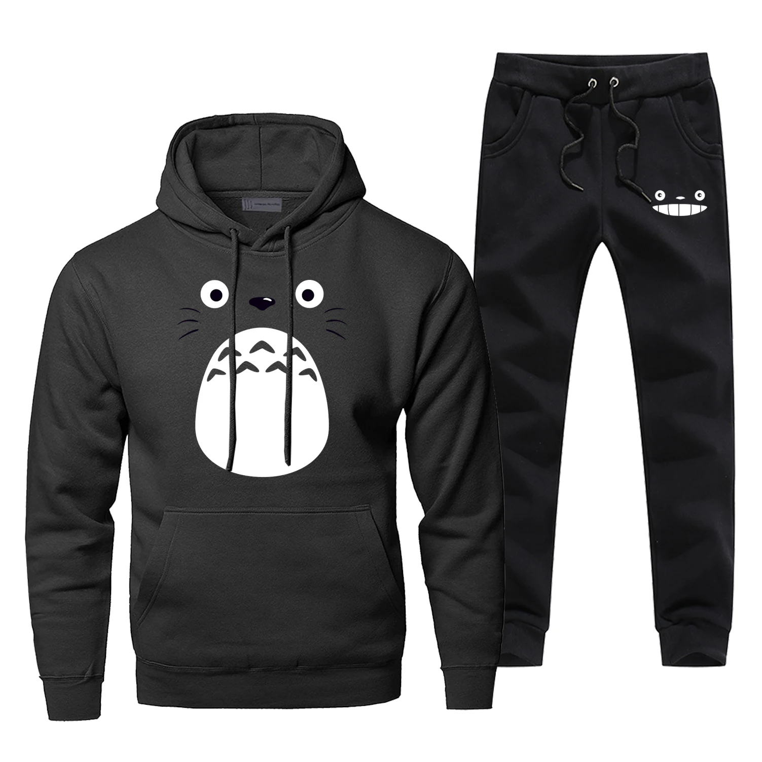 Totoro мужские толстовки комплекты из двух предметов штаны Хаяо Миядзаки Толстовка Спортивные штаны уличная спортивная одежда толстовки с японским аниме-принтом - Цвет: Black