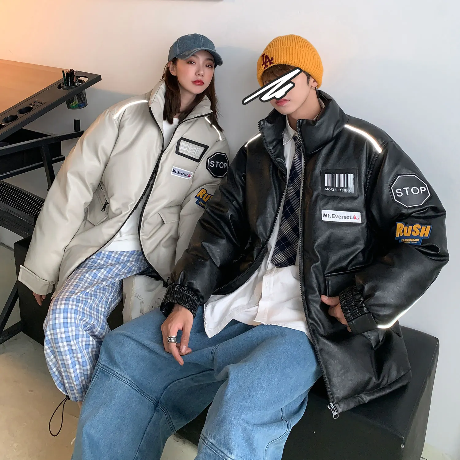 Winter new short warm lovers loose down jacket men's PU leather leisure thickened tide brand student standing collar jacket