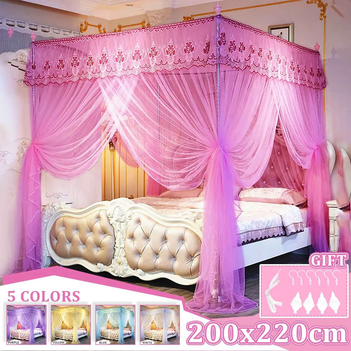 para la decoración del Dormitorio del hogar Feg Cortina de Cama con Dosel de mosquitera de poliéster Transpirable Estilo Princesa de Encaje Pink
