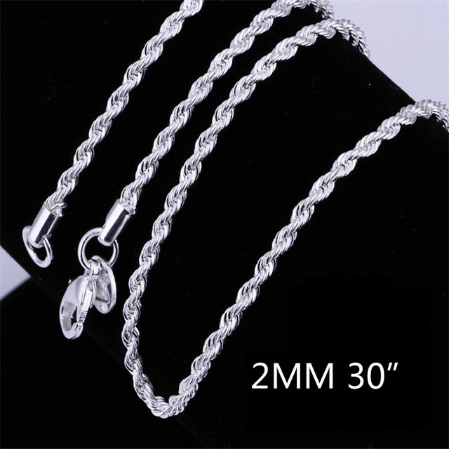 Sale Retail Wholesale Silver Plated Necklace Women Man Necklace 2mm16,18,20,22,24 Inch Twist Rope Chain Jewelry Accesory