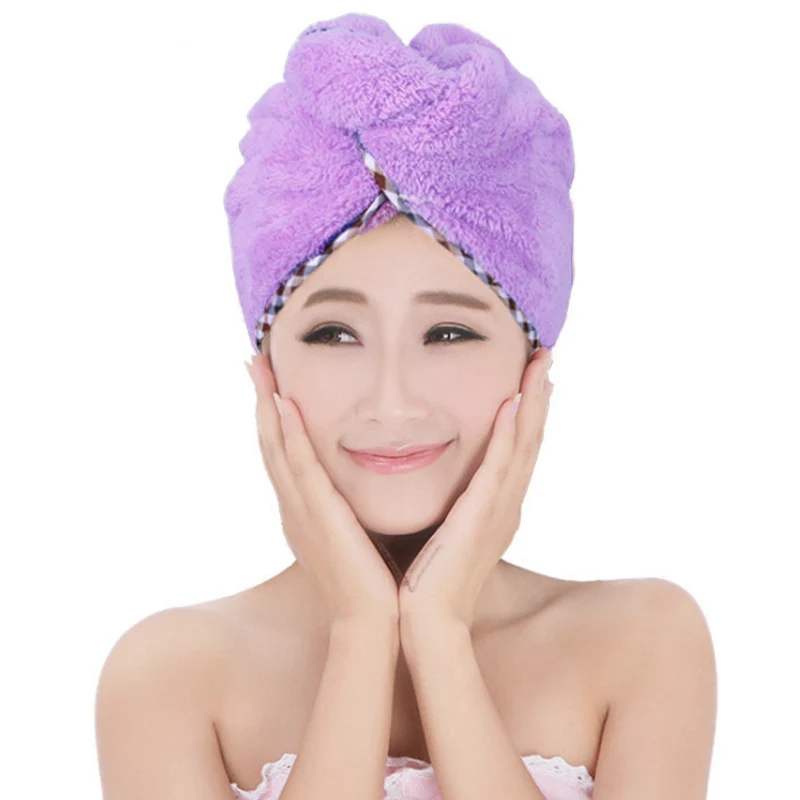 2 шт. волосы быстросохнущее полотенце микрофибра обернутый душ шапочка для купания с кнопкой Touca de banho Bonnet de douche HTQ99 - Цвет: Purple