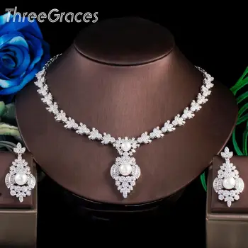 

ThreeGraces Romantic Cubic Zirconia Bridal Wedding Pearl Earrings and Necklace Sets for Brides Dress Jewelry Accessories TZ568
