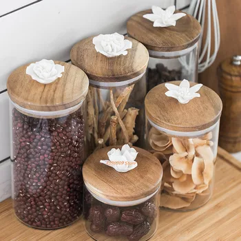 

Glass jar ceramic flower glass container for storing food sealed cans kitchen acacia wood lid storage jar coffee candy jar