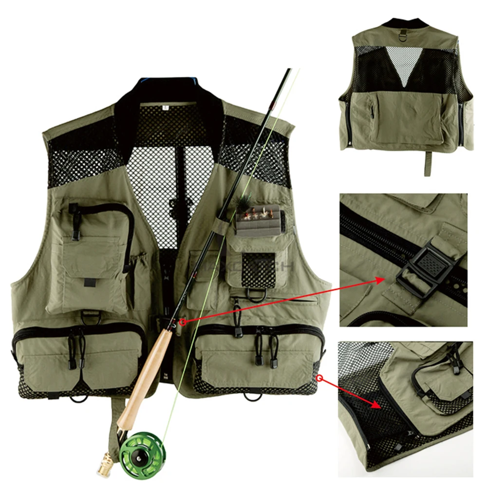 

Thin Breathable Fishing Mesh Vest Multi-Pocket Outdoor Universal Size With Fly Patches Multifunctional Vest