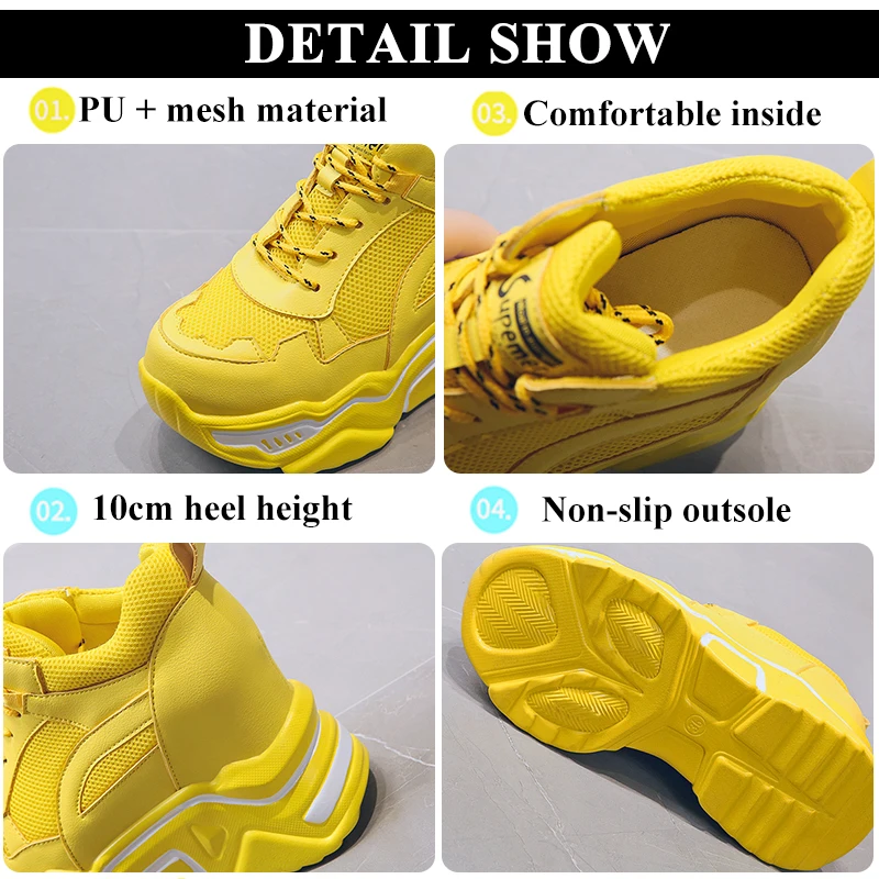 Кроссовки на скрытой танкетке; Женская Повседневная прогулочная обувь на толстой подошве со шнуровкой; женские нескользящие желтые кроссовки; Mujer