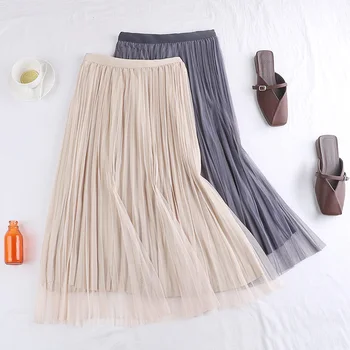 

Fall 177 new joker show thin gauze high waist elastic bright silk skirt pleated skirt in skirts