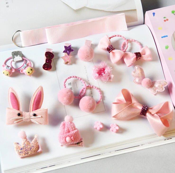 Аксессуары для маленьких девочек, 18 шт./компл., повязка на голову принцессы для маленьких девочек, бант для волос в рубчик, заколки для волос, набор веревок, подарки - Цвет: F
