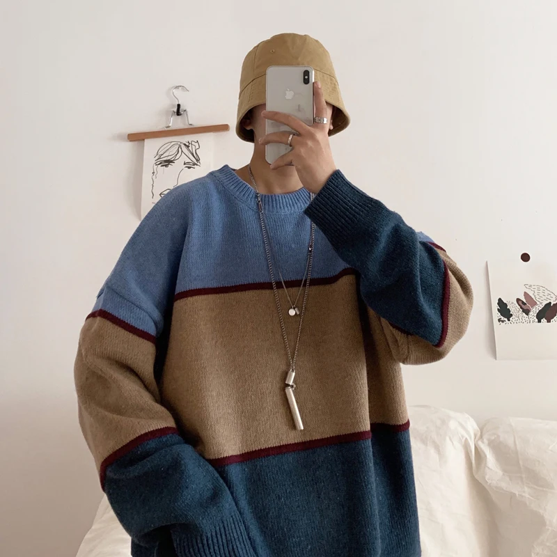 Winter Sweater Men's Warm Contrast Color Casual Knit Pullover Man Sweter Clothes Wild Loose Long-sleeved Sweater Men M-XL Winter Sweater Men's Warm Contrast Color Casual Knit Pullover Man Sweter Clothes Wild Loose Long-sleeved Sweater Men M-XL