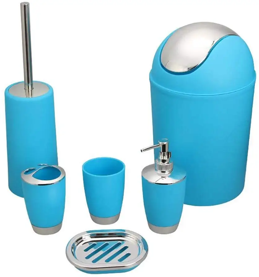 Trash can hotel household items plating plastic bathroom 6-piece wash bathroom set bathroom set accessories - Цвет: Синий