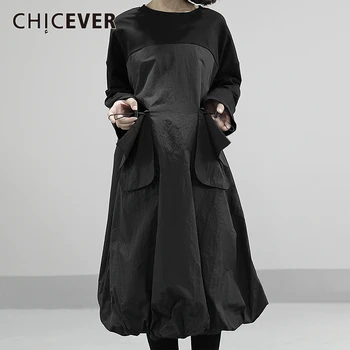 

CHICEVER Black Patchwork Dress For Women O Neck Long Sleeve High Waist Drawstring Streetwear Oversized Dresses Female 2020 New