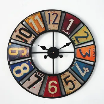 

Wall Clock Digital Round Retro Wall Clock Creative License Plate Wall Clock Sticker Iron Decorative Clock