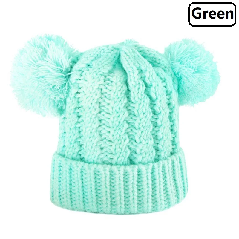 Детская шапка для мальчиков и девочек, вязаная шерстяная шапочка из пряжи, детская зимняя шапка, вязаные крючком шапочки, милые теплые шапки с помпонами, От 1 до 6 лет - Цвет: Green