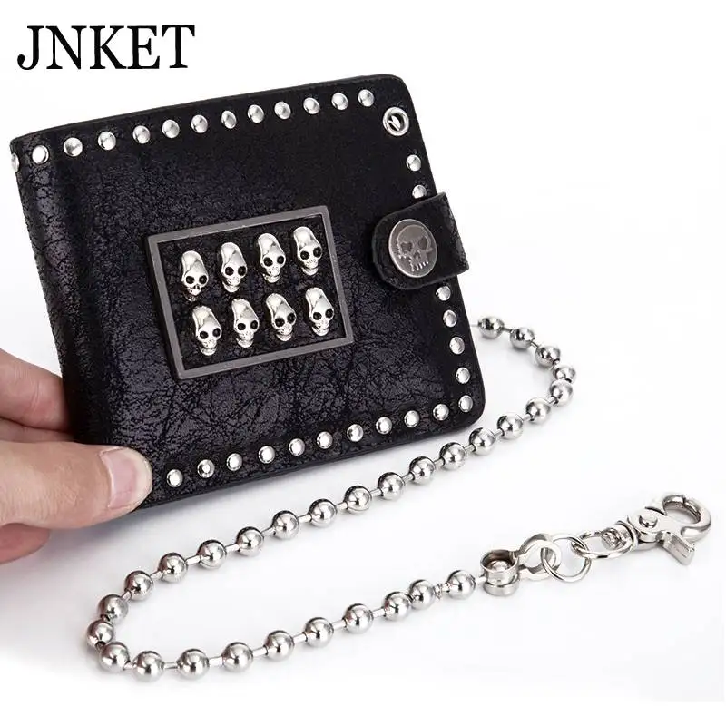 JNKET Punk Rock Wallet Men's Rivet Chain Skull PU Leather Purse Money Clip Billfold Short Detachable Metal | Багаж и сумки