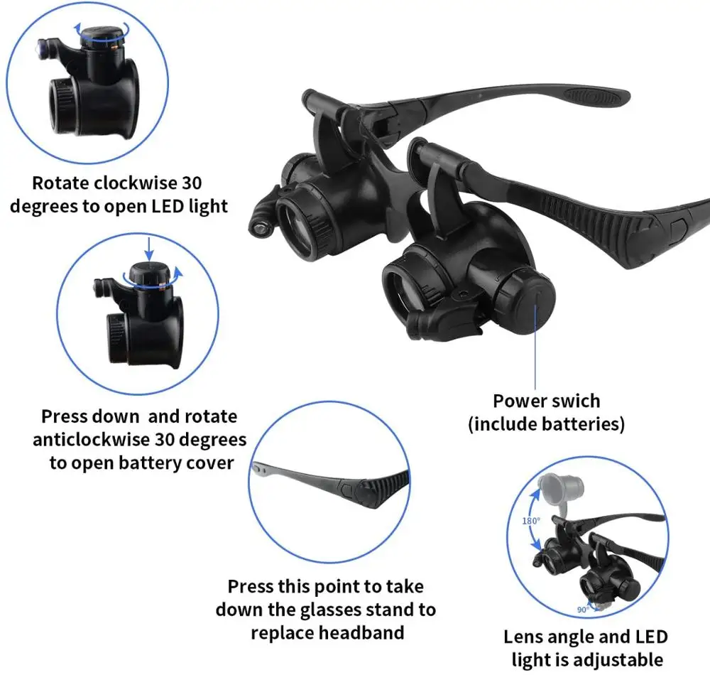 Head Mounted Magnifier With Led Light, Jewelers Loupe Magnifying Glasses  With 8 Interchangeable Lens: 10x/15x/ 20x/25x For Close  Work/electronics/eyel