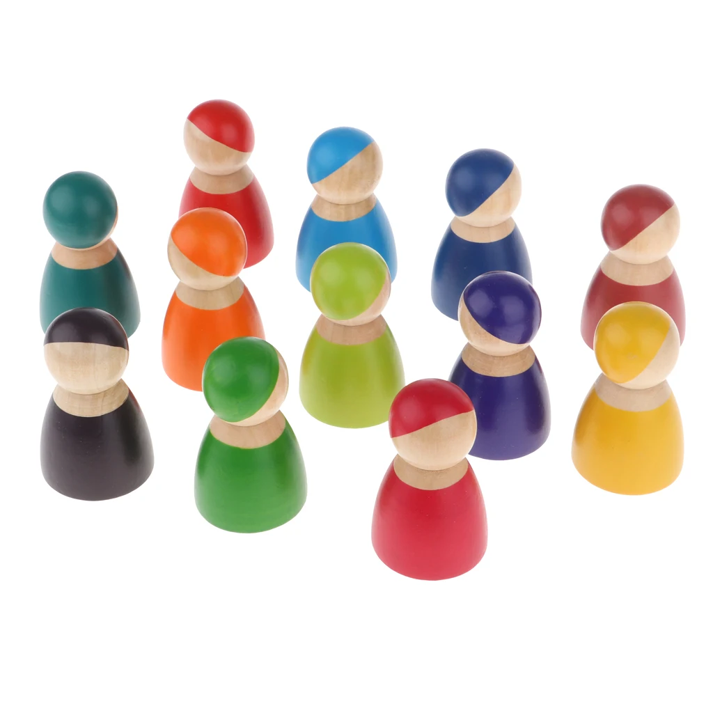 12 Pieces Rainbow Friends Peg Dolls, Little Wooden Figures People Dolls Bodies Decoration Toy Gift for Kids