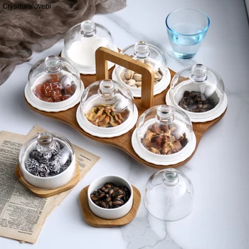 

Ceramic Dessert Bowl Oven Baking Bowl with Glass Cover Pudding Cup Separation Fruit Plate Creative Snack Storage Box