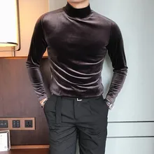 Herbst Winter Herren Slim Fit Samt Langarm Pullover Tops Casual Turteneck Tops Tees Big Jungen Mode Unter T-shirt Plus größe(China)