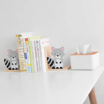 

2Pcs/Lot Creative Cactus Raccoon Rabbit Moon Shaped Wooden Bookends Support Stand Student Book Storage Shelf Home Decoration
