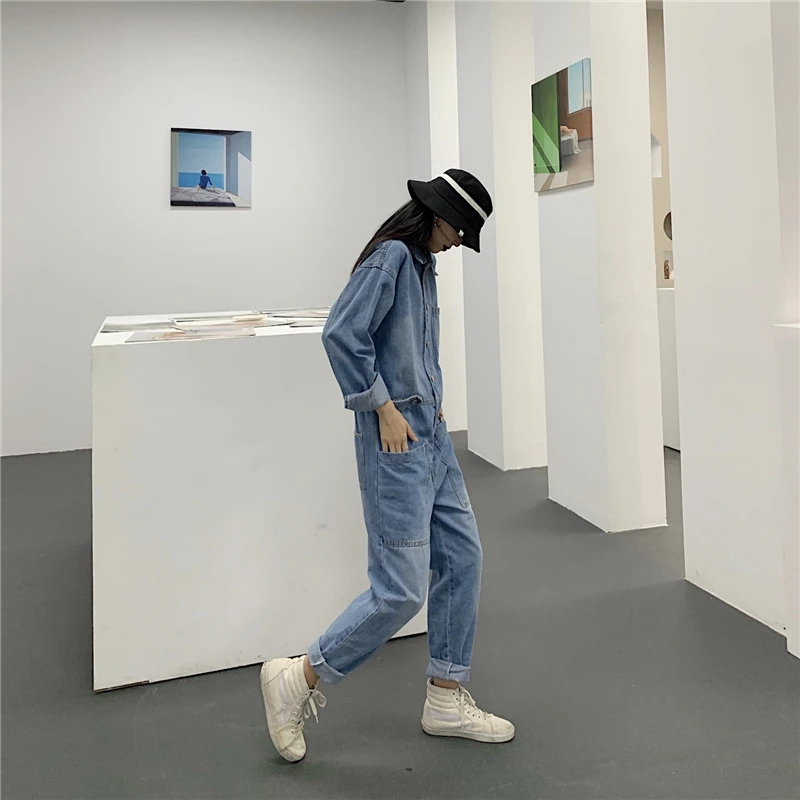 Kpop джинсовый комбинезон женский комбинезон с длинным рукавом узкая талия светло-голубой мешковатый bf стиль комбинезон джинсовый тренд
