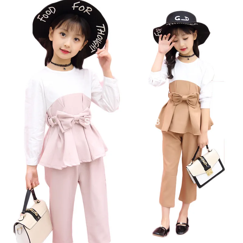 

Girls 'autumn Coat+pant Suit New Children's Wear Big Kids Spring Stitching Bow 3 Colors 4-12 Ages Gray Pink Brown