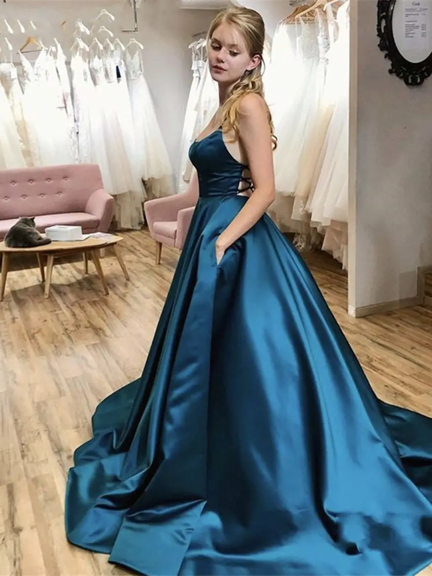 Evening Dresses Sleeveless Floor Length Sweep Train Cross Back Satin Evening Dresses robe de soirée femme vestidos de fiesta2022 womens formal dresses