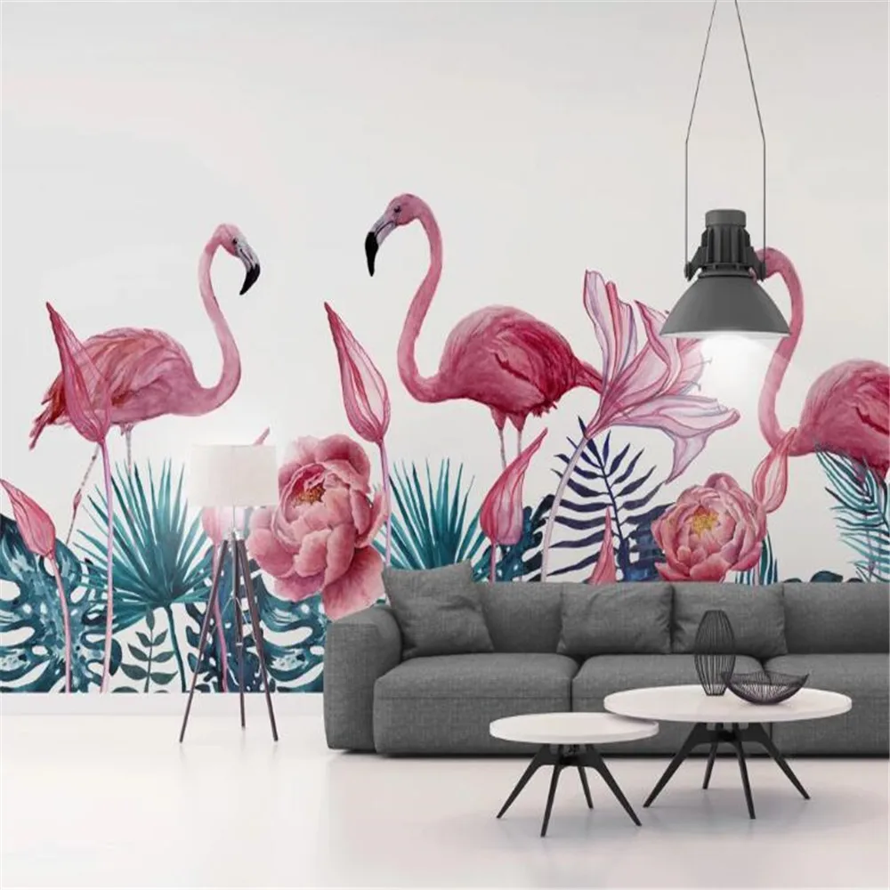 

milofi factory custom wallpaper mural 3D fresh green hand painted tropical plant flamingo background wall