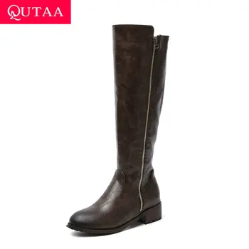 

QUTAA 2020 PU Leather Middle Heel Antiskid Casual Women Shoes Round Toe Zipper Autumn Winter Fashion Knee High Boots Size 34-43