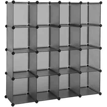 

Cubes Storage Bookshelf Rack 16-Cube Book Shelf Closet Organizer Stand Bookcase Strong and Durable Gray/Black Color[US-Stock]