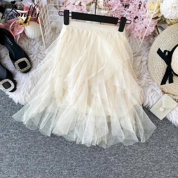 

PEONFLY Fashion 2020 Spring Skirts Women Sexy High Waist Mesh Tutu Skirts Solid Color Party Dance School Mini Skirts