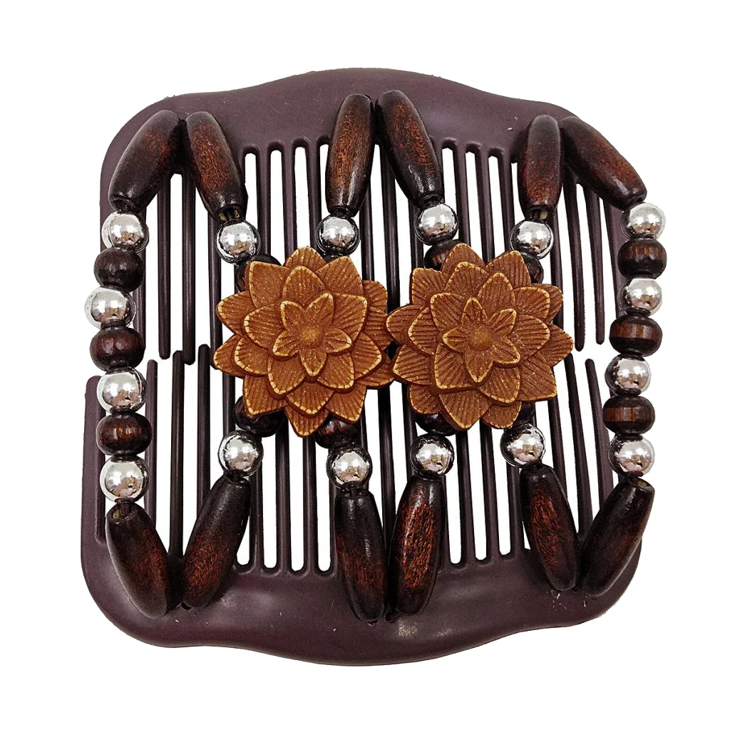 Double Stretch Hair Combs Woman With Wood Beads Vintaje Woman Lady Elastic Clip